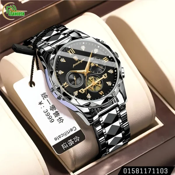 Poedagar Stainless Steel Luminous Quartz Watch For Men(Black)